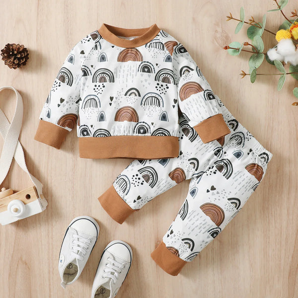 0-18 Months Newborn Baby Boy&Girl 2PCS Clothing Set Rainbow Print/Stripe Long Sleeve Sweater+Pants Autumn&Winter Lovely  Outfit