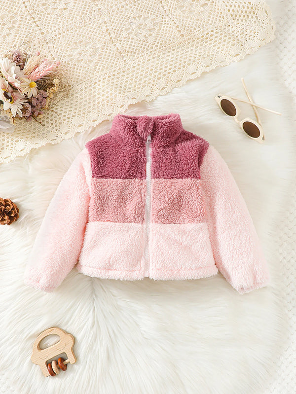 2-8 Years Kids Girl Plush Overcoat Long Sleeves Lapel Zippered Coat for Winter Outdoor Wear Fashion Color Blocking Warm Top