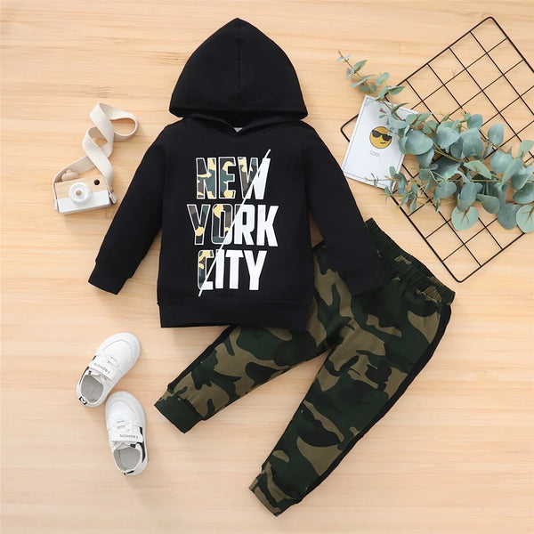 1-5Y Kids Boy Clothing Suit Letter Print Long Sleeves Hoodie Top + Camouflage Pants 2Pcs Set Children Boy Fashion Clothes Outfit