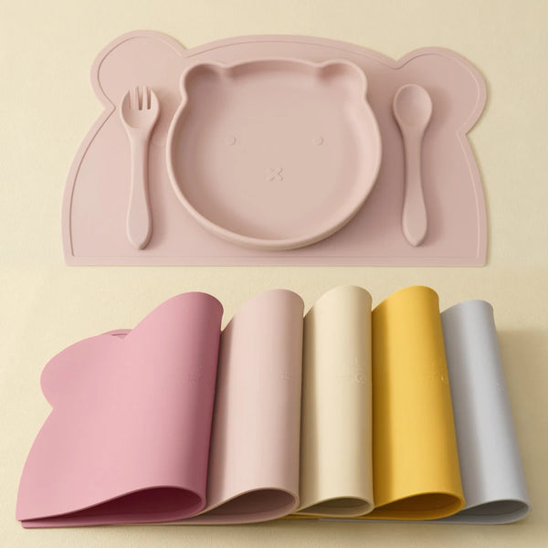 BPA Free 4PCS Silicone Children Tableware Baby Feeding Set Silicone Dinner Plate Spoon Fork Silicone Placemat Baby Stuff