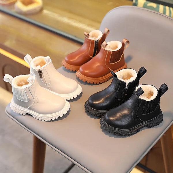 Autumn Winter Baby Kids Casual Ankle Boots Simple All-match Side Zipper Leather Boots Plush Warm Comfortable Cotton Shoes