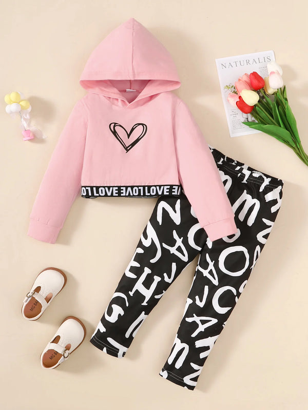 1-6 Years Kids Girl Clothing Set Long Sleeve Heart-shaped Hoodie +Letter Trousers 2PCS children Autumn&Winter Sport Outfit Suit