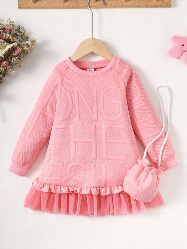 2-7 Years Children Girl Embossed Letter Long Skirt Autumn Long Sleeve Dress with Satchel Princess Dress Birthday Party Outfits