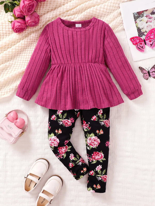 2PCS Spring&Autumn Kid Girls Round Neck Solid Color Long Sleeved Striped Knit Top Flower Pants Pants Fashionable Children's Set