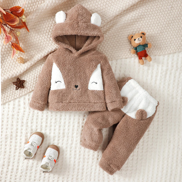 2PCS Cute Toddler Boy Winter Set Plush Hooded Long Sleeve Top+Pants Autumn&Winter Keep Warm Clothes Outfits for Baby Boy and Gir