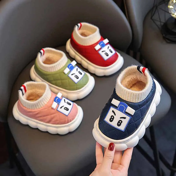 Children's With Heel Waterproof Cotton Slippers Winter Cute Cartoon Plus Plush Warm Fuzzy Cotton Shoes Kids Anti Slip Home Shoes