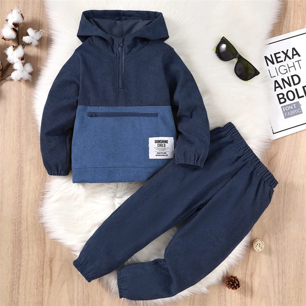 2PCS Cool Sports Outfits Color Block Long Sleeve Hoodie Top+Pant Autumn&Winter Kids Boy Clothes Set for Children Boy 4-7Years