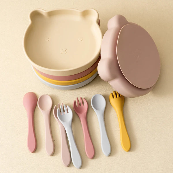 Wholesale Silicone Baby Feeding Set BPA Free Suction Dishes Plate Feeding Sucker Bowl Spoon Fork Children Tableware Baby Stuff