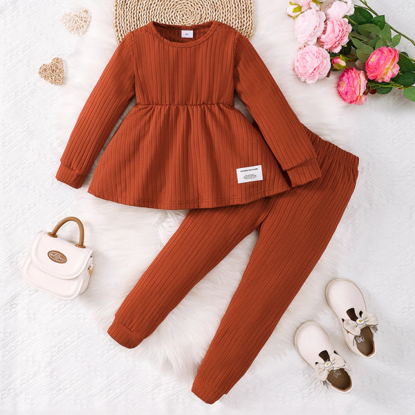 2PCS Kids Girl Clothing Set Solid Pit strip knitt Long Sleeve Suit Autumn&Winter Elegant Europe&America Children Outfit 4-7Years