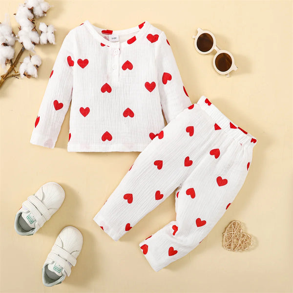 2PCS Infant Girl Clothes Set Heart Print Long Sleeved and Pants Cute Spring&Autumn Pajamas Outfit for Toddlers Girl 3-24 Months