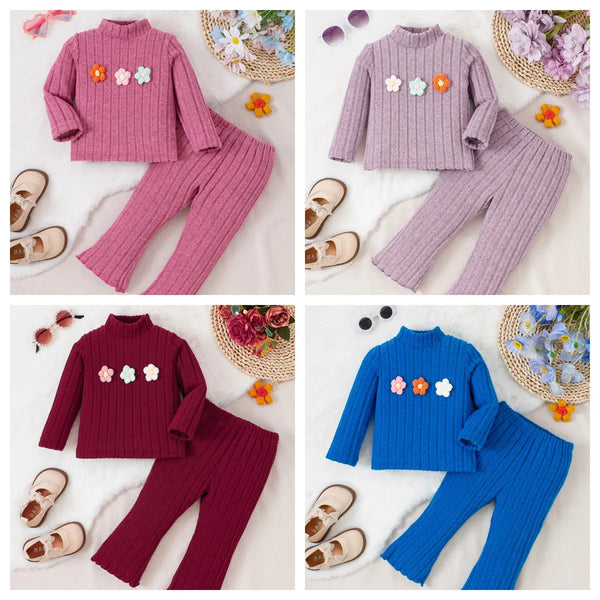 Baby Girls Knitted Set 0-3Y Flower Decoration Solid Striped Long Sleeve Pants Suit Autumn&Winter Toddler's Daily Casual Clothing