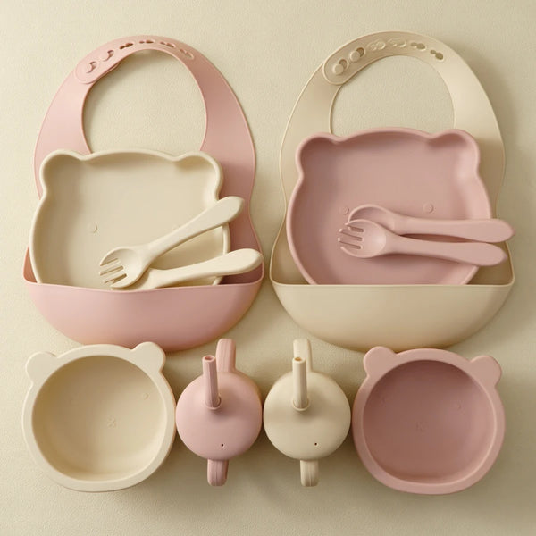 Color Kids Silicone Baby Feeding Set Adjustable Bib Cartoon Bear Shape Sucker Bowl Plate Portable Cup Utensils Tableware Sets