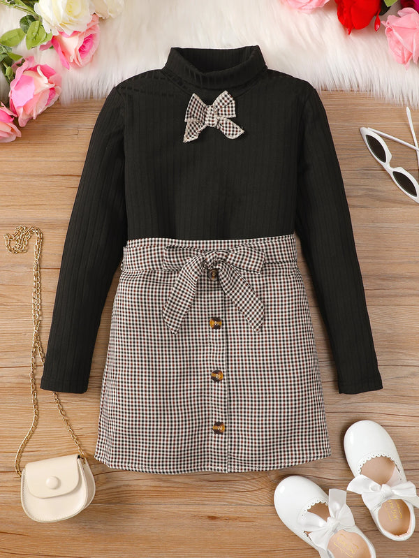 8-10 Years Children Girl Hip wrap Dress Turtleneck Long Sleeve Knit Lattice Skirt Patchwork Dresses Retro Style Clothes for Kid