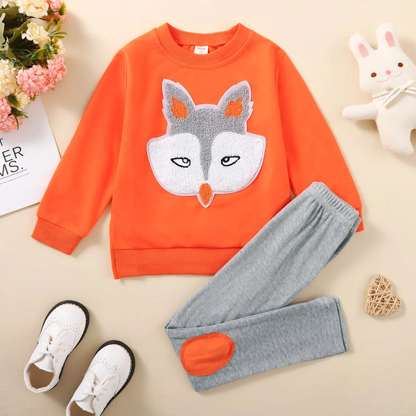 4-12 Years Kid Boy and Girl 2PCS Clothes Set Plush Fox Print Long Sleeve Top+Grey Pants Sports Style Children Outfit Daily Suit